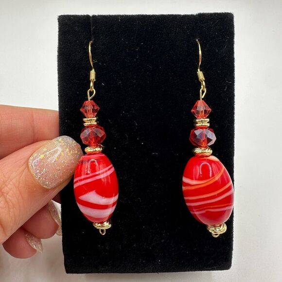 2.25" Stunning Red Glass, faceted glass, and crystal beaded dangle earrings! - Picture 1 of 13